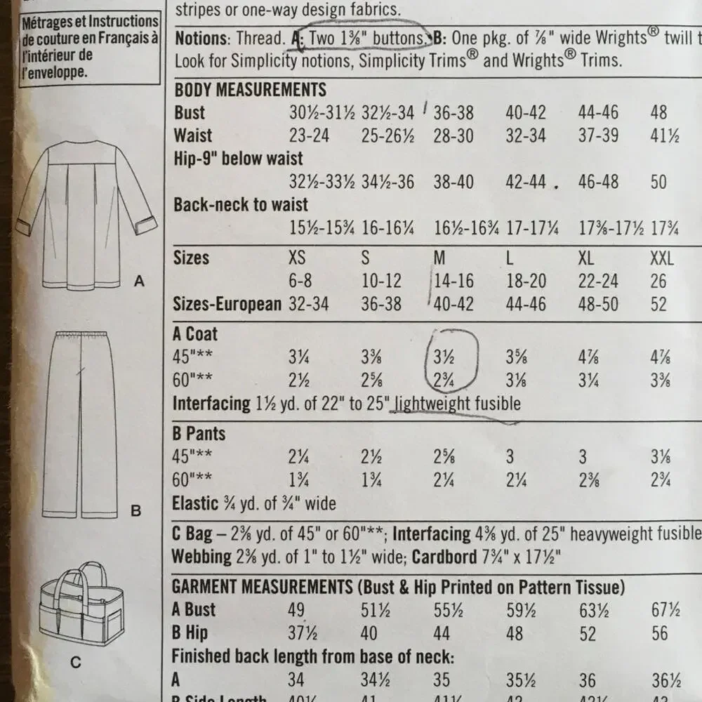 Simplicity Sewing Pattern 4746 Hobby Jacket Coat Pant Bag L-XXL UNCUT Patty Reed